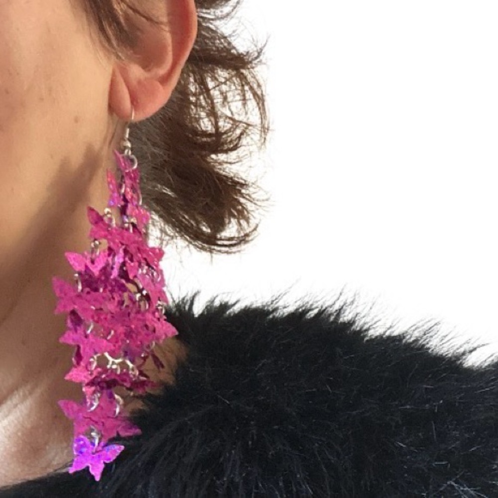 Fashion Jewelry Pink Butterfly Tassel Long Drop Dangle Metallic Earrings